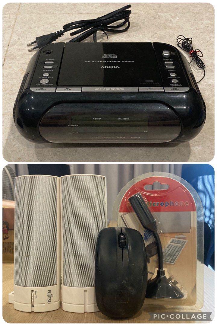 Misc items (Category: Everything Else) located in Singapore. Submitted by tytyp (Listing ID 1454837695, Image 1). Description: Akira CD Alarm Clock - unable to be turned on after plugging into power, has batteries compartment but coils have corroded Fujitsu portabke speakers - working Microphone - BN Logitech wireless mouse - working, needs 2 AA batteries. Collect from AMK ave 2 at my convenience YCK MRT at 7.30pm on weekdays..