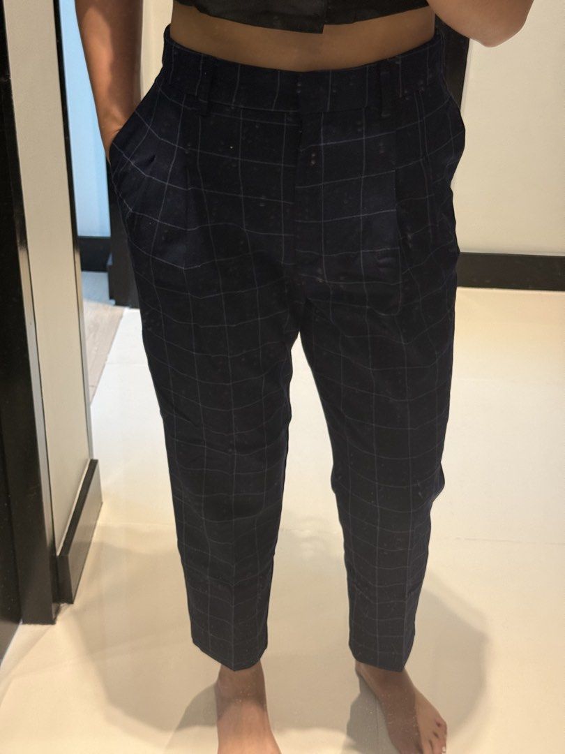 Monki Navy Blue Plaid Tailored Trousers (Category: Other Bottoms) located in Manila. Submitted by qfclutz (Listing ID 1454805418, Image 1). Description: - Navy blue plaid details - Tailored fit with front pleats - Versatile for work or casual wear.
