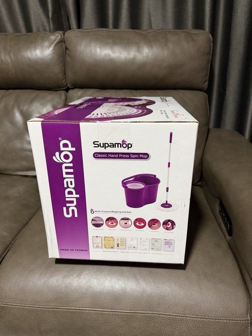 Mop Set (Category: Cleaning Tools & Supplies) located in Singapore. Submitted by emmanuel.gill12 (Listing ID 1454890204, Image 3). Description: - Supamop Classic Hand Press Spin Mop Set - Award-winning design (Taiwan Excellence 2018, Golden Pin, Reddot Design Award 2017) - Made in Taiwan, ISO 9001 certified - Features a highly absorbent mop head - Versatile for various cleaning needs - Classic and effective spin mop system.