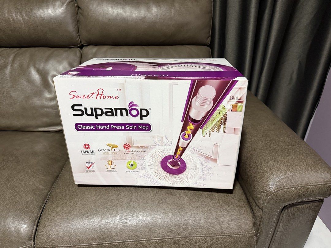 Mop Set (Category: Cleaning Tools & Supplies) located in Singapore. Submitted by emmanuel.gill12 (Listing ID 1454890204, Image 2). Description: - Supamop Classic Hand Press Spin Mop Set - Award-winning design (Taiwan Excellence 2018, Golden Pin, Reddot Design Award 2017) - Made in Taiwan, ISO 9001 certified - Features a highly absorbent mop head - Versatile for various cleaning needs - Classic and effective spin mop system.