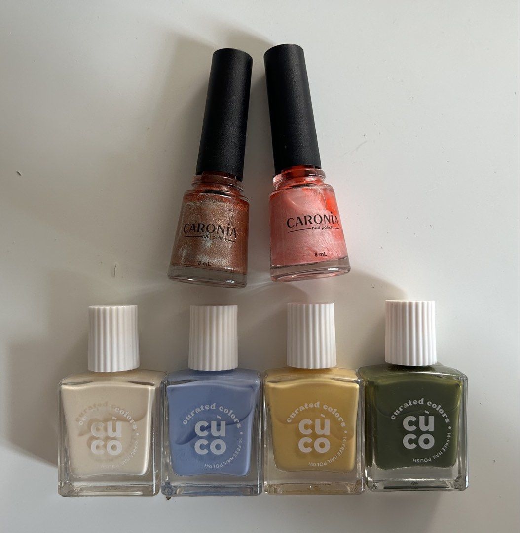 Nail polish BUNDLE!!! (Cùco / Cuco and Caronia) (Category: Hands & Nails) located in Quezon City. Submitted by Train4Thoughts (Listing ID 1454798628, Image 1). Description: - 6 items for P400 ONLY!!! - Cuco colors: eggshell, daydream, main squeeze, i luv u so matcha - caronia: colors: pink lily, ethereal - swatched only rfs: decluttering.