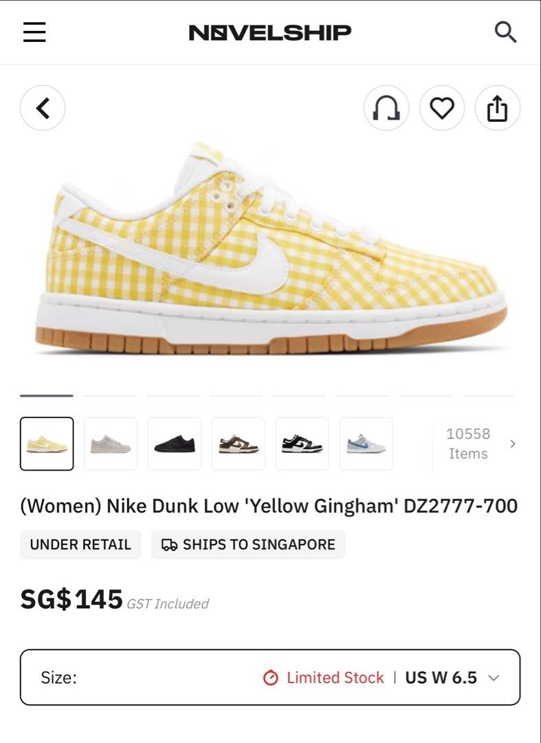 Nike Dunk Low - Yellow Gingham (Category: Sneakers) located in Singapore. Submitted by muchlovexx (Listing ID 1454881663, Image 1). Description: - Item is actually brand new. Not use, but there some white dust on side of the right shoe. Noticed that it can be wiped off. - Size: UK 5, EU 38.5 , US 7.5 .