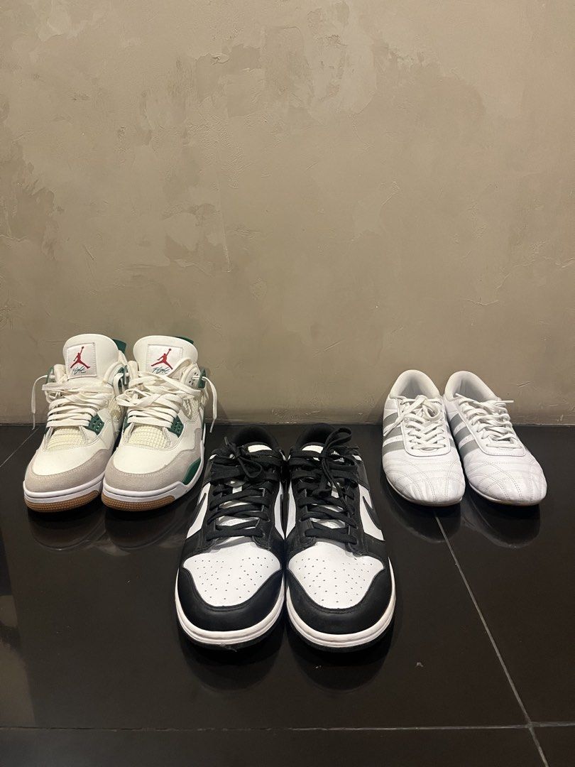 Nike Dunks, Jordan 4, Adidas Taekwondo (Category: Sneakers) located in Las Pinas. Submitted by garms (Listing ID 1454866119, Image 2). Description: Decluttering some shoes! All are in great condition, used a couple of times and just dusty Jordan 4 SB - 4k Size 11 No heel drags/star loss Issue: chip on nike sb back tab Nike Dunks Panda - 4k Size 11 Adidas Taekwondo - 3.5k Size 10.5 mens/12 womens Nike Zoom Precision - 2k Size 11 Issue: Yellowing p