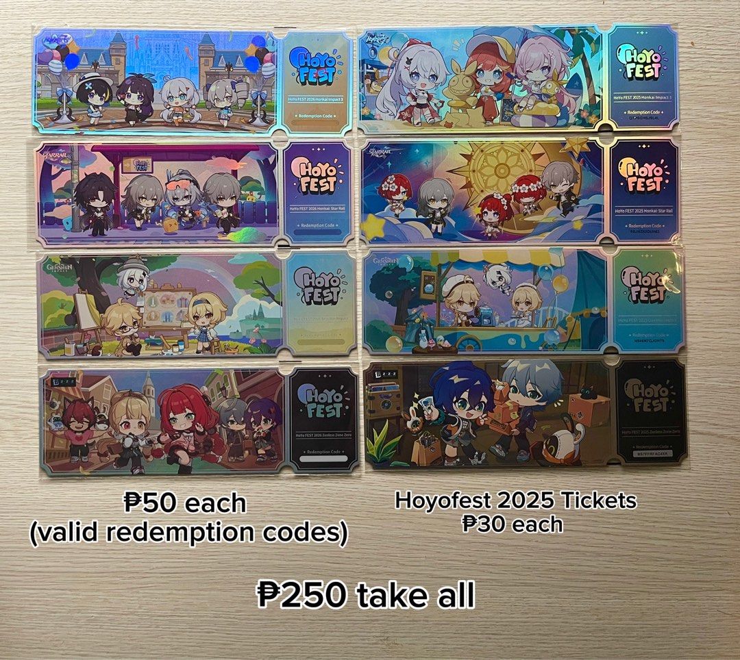 Official Hoyofest Items (Category: Events Tickets) located in Paranaque City. Submitted by auri.em (Listing ID 1454752797, Image 3). Description: Payment Options: - GCash - BPI Valid Redemption Codes until August 16, 2026.