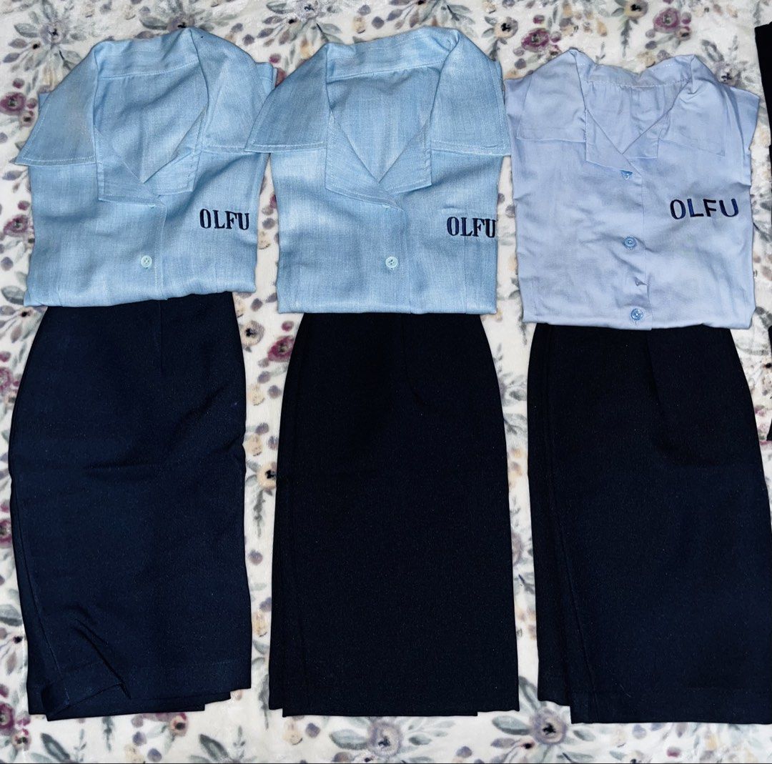 OLFU CBA Uniform Set - Blouse, Skirt, Blazer (Category: Sets or Coordinates) located in Antipolo. Submitted by zsells (Listing ID 1454932643, Image 1). Description: - OLFU CBA Uniform Set - Includes light blue short-sleeved blouses - size small 25-26 waist - Includes dark blue skirts - Dark blue blazers also available - All items are clean and ready to wear - Perfect for OLFU CBA students - Message for bundle deals or individual item prices.
