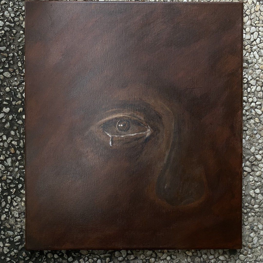 Original Abstract Painting - Lungkot (Academic Expenses needed) (Category: Art & Prints) located in Manila. Submitted by redhorsextrastrong (Listing ID 1454848440, Image 2). Description: - Original artwork, one-of-a-kind piece. - Features a close-up of an eye with a single tear. - Painted on canvas with a dark, earthy color palette. - Square format, perfect for any space. - Comes ready to hang, no extra framing needed. - for academic expenses .