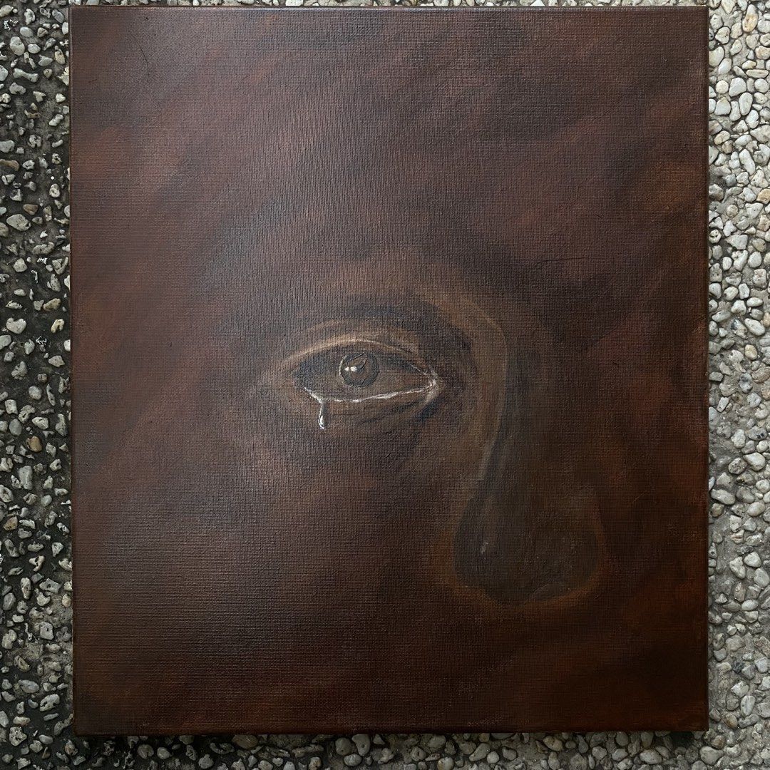 Original Abstract Painting - Lungkot (Academic Expenses needed) (Category: Art & Prints) located in Manila. Submitted by redhorsextrastrong (Listing ID 1454848440, Image 1). Description: - Original artwork, one-of-a-kind piece. - Features a close-up of an eye with a single tear. - Painted on canvas with a dark, earthy color palette. - Square format, perfect for any space. - Comes ready to hang, no extra framing needed. - for academic expenses .