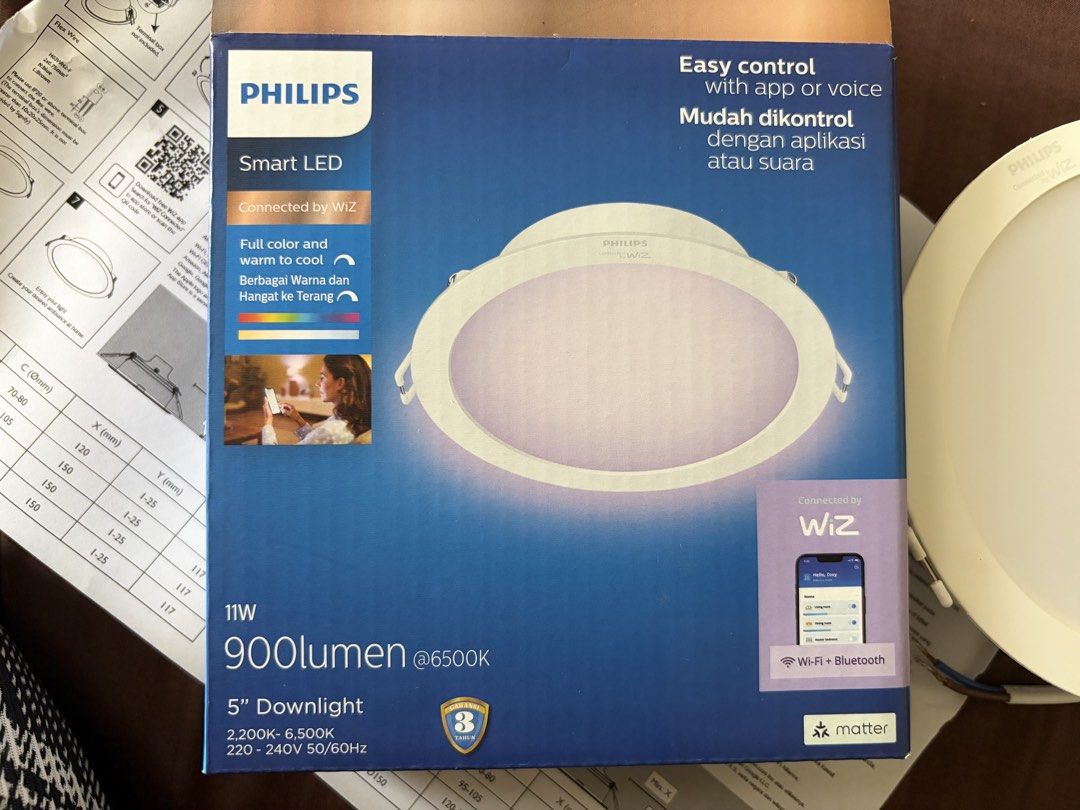 Philips Smart LED Downlight 11W 900lm 6500K Wi-Fi Bluetooth (Category: Lighting) located in Manila. Submitted by franceshee (Listing ID 1454763148, Image 2). Description: - Philips Smart LED Downlight - 11W Power, 900 Lumens Brightness - 6500K Cool White Light - Wi-Fi & Bluetooth Connectivity - Control via Wiz App (Phone/Voice) - Full Color & Warm-to-Cool White Settings - 5-inch Size - 220-240V, 50/60Hz RFS: Accidentally bought the wrong type of 