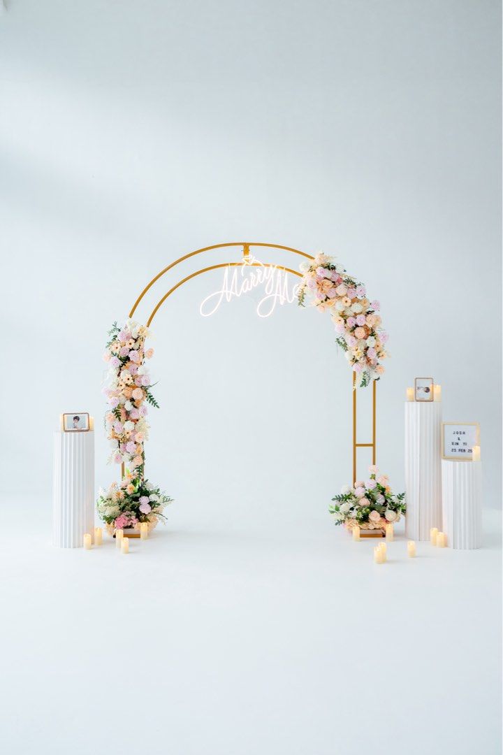 Proposal Setup (Category: Occasions & Party Supplies) located in Singapore. Submitted by crunchy_muffins (Listing ID 1454768297, Image 1). Description: Includes •proposal frame •marry me light •Decorative flowers •3 stands •text board •2x photoframe.