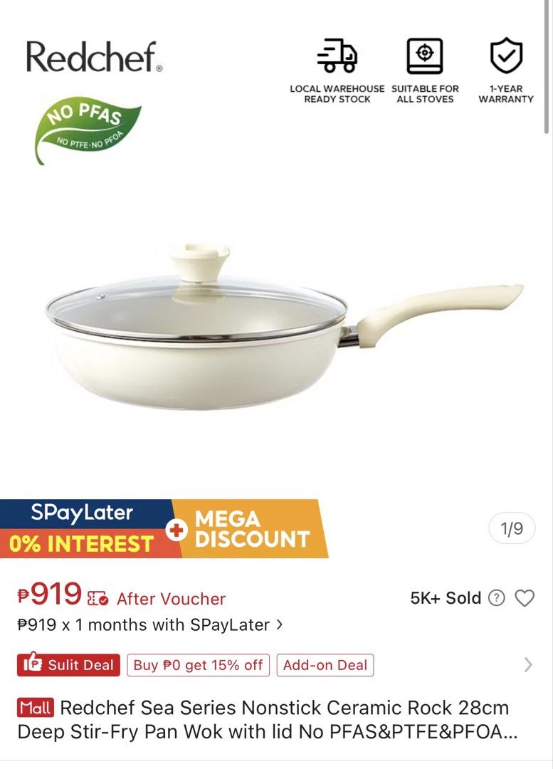 Redchef 28cm nonstick pan (rfs: wrong size) (Category: Cookware & Accessories) located in Manila. Submitted by zayanaaa (Listing ID 1454948181, Image 1). Description: - Redchef Sea Series Deep Wok (28cm) - Includes a matching lid - non-stick ceramic - never been used (Will update with actual photo once i get to our dorm) Rfs: bought too big for me living solo, gonna buy a new one Can meet up anywhere near slu or sm baguio or delivered via direct 
