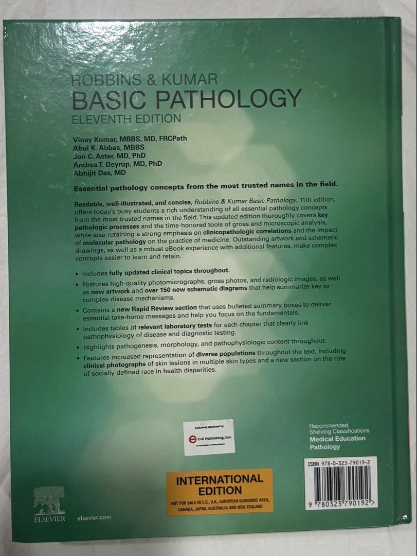 Robbins & Kumar Basic Pathology 11th Edition International Edition (Category: Textbooks) located in Mandaluyong City. Submitted by randomitems3 (Listing ID 1454751532, Image 2). Description: - Robbins & Kumar Basic Pathology, Eleventh Edition (International Edition) - Includes both print and ebook access - Covers essential pathology concepts - Features updated clinical topics - High-quality images included - Comes with a rapid review section - An