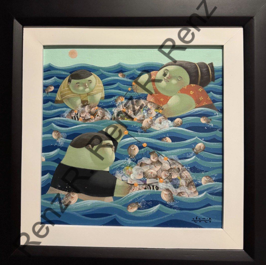 Roel Obemio (Category: Art & Prints) located in Manila. Submitted by mmiddlechild (Listing ID 1454875708, Image 1). Description: ROEL OBEMIO 2026 with COA 12x12 - Framed painting featuring three people fishing. - Artwork depicts nets filled with numerous fish. - Vibrant blue and green color palette. - Signed by the artist at the bottom right. - Ready to hang..