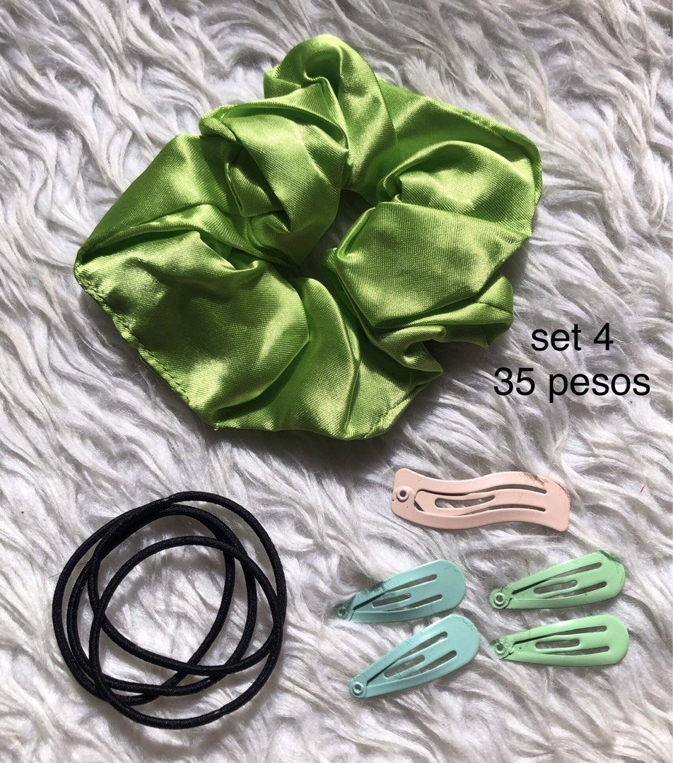 Scrunchie, Hair Ties, and Snap Clips Sets (Category: Hair Accessories) located in Taguig. Submitted by nikikaystuff (Listing ID 1454928218, Image 2). Description: - Cute hair accessory sets available! - Each set includes: 1 satin scrunchie, several hair ties, and snap clips. - Scrunchie color options: white, green, yellow, or silver. - Perfect for everyday styling and adding a pop of color. - Get yours now!.