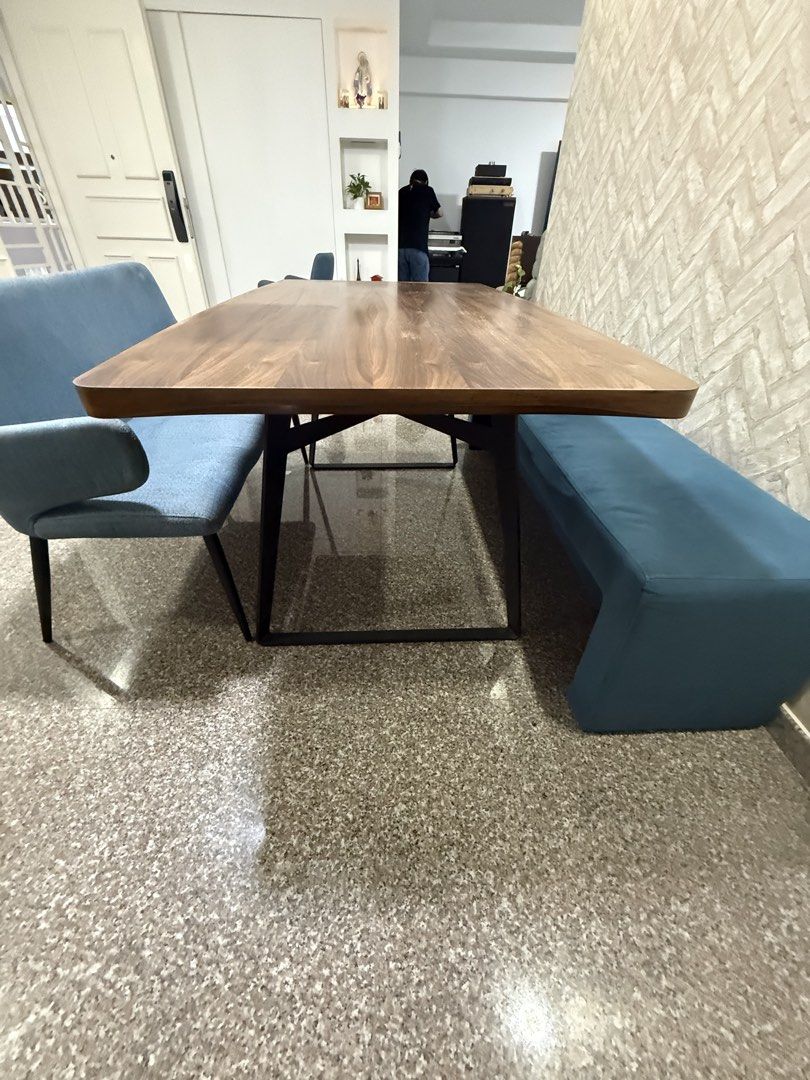 Solid Wood Dining Table Set (Category: Tables & Sets) located in Singapore. Submitted by sales2024 (Listing ID 1454869762, Image 2). Description: Solid Wood Dining Table Set Table Length: 160cm Include: 1 Bench (120cm) + 1 Bench (160cm) Condition: 7/10 Cash & Carry (No Transportation) Very Good Deal :).