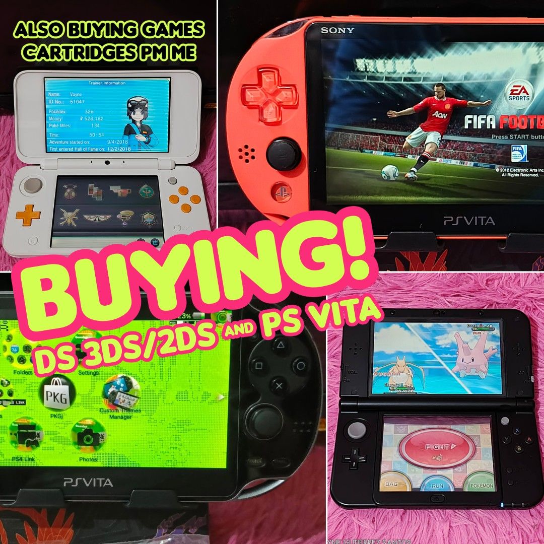 Sony PS Vita & Nintendo 3DS XL - Bundle (Category: Nintendo) located in Marikina City. Submitted by waynewayne2 (Listing ID 1454766264, Image 1). Description: bundle for sale pls paki pm n lang ako FB WAYNE GUTIERREZ SANTOS cash ready‼️pm me pls.