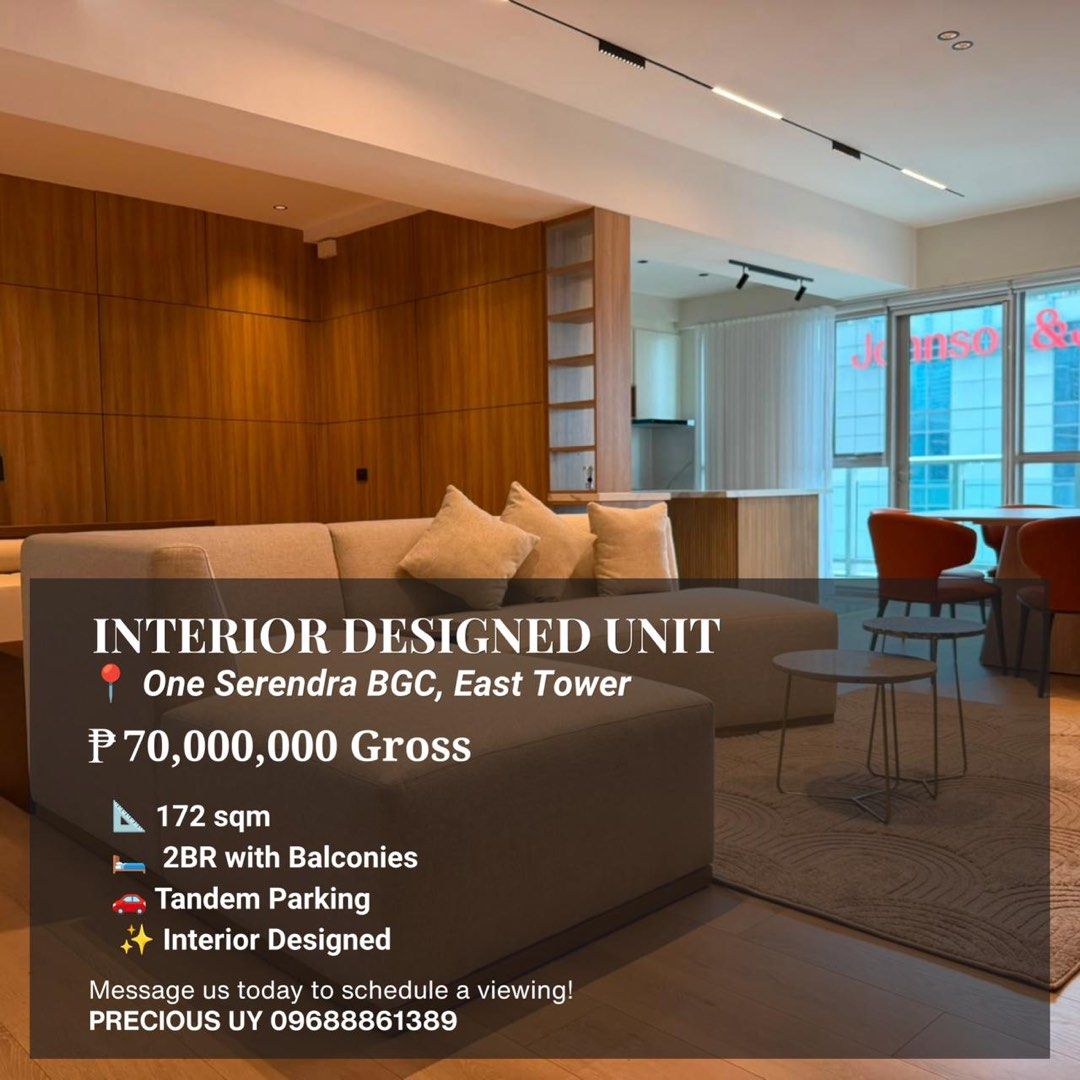 SPACIOUS 2BR ONE SERENDRA-EAST TOWER (Category: Apartments & Condos) located in Makati City. Submitted by preypropertiesph (Listing ID 1454766048, Image 1). Description: INTERIOR DESIGNED UNIT 📍One Serendra, BGC - East Tower 💰Asking P70,000,000 gross Floor Area: 172 square meters 2BR (well sized bedrooms) with tandem parking slots B1 with 2 balconies with service area, maids room & full bath ✨Move-in Ready ✔️Each room has ensuite & spacious wal