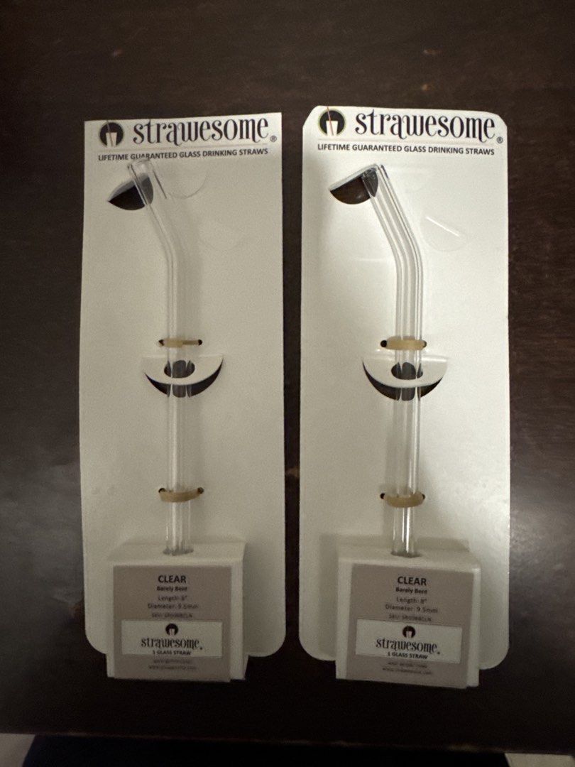 Strawesome Lifetime Guaranteed Clear Glass Drinking Straws (2-Pack) (Category: Water Bottles & Tumblers) located in Quezon City. Submitted by vsaint (Listing ID 1454757829, Image 1). Description: - Set of 2 Strawesome glass drinking straws - Clear with a stylish bent tip - Length: 8 inches - Diameter: 9.5mm - Lifetime guaranteed for durability - Ideal for everyday use and an eco-friendly choice - Comes in original packaging.