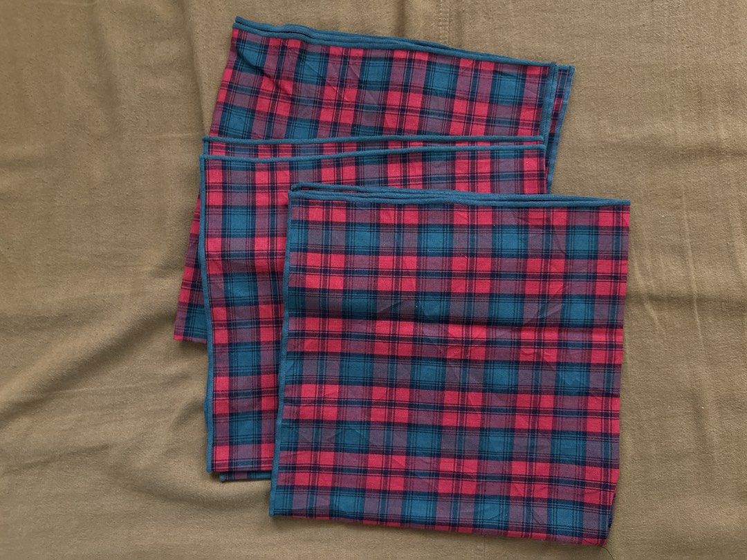 Tartan Plaid Table mat 3-pc (Category: Table Linen & Textiles) located in Manila. Submitted by anabri (Listing ID 1454752149, Image 1). Description: - Set of tartan plaid handkerchiefs - Classic red and green plaid pattern - Generous size: approximately 20 x 20 inches - Makes a great gift - Clean and ready for immediate use.