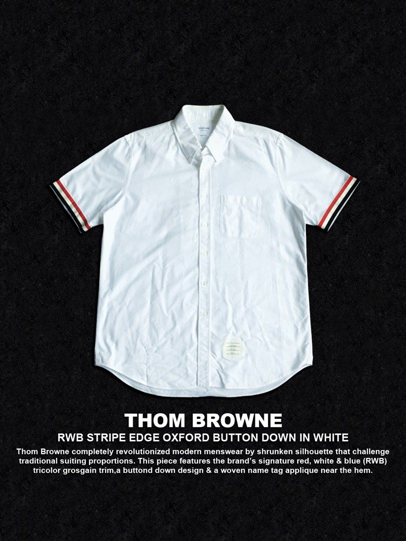 Thom Browne RWB Stripe Edge Oxford Button Down Shirt (Category: Luxury Apparel) located in Dinalupihan. Submitted by thriftout.ph (Listing ID 1454888834, Image 1). Description: PLEASE READ ALL THE DETAILS⬇️ Tagged as Size 5 Fits Large-XL : 24.5 | 32L No major issues, just signs of wear. Good / Presentable. PRICE - P4,000.