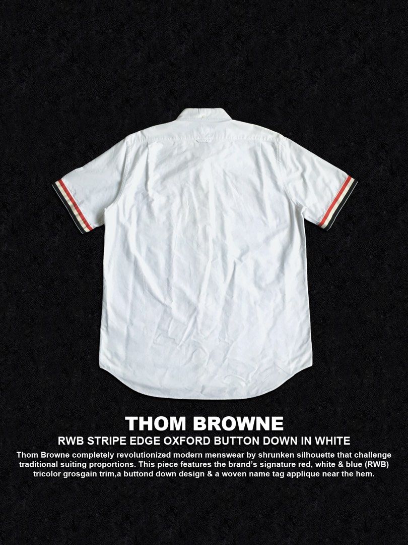Thom Browne RWB Stripe Edge Oxford Button Down Shirt (Category: Luxury Apparel) located in Dinalupihan. Submitted by thriftout.ph (Listing ID 1454888834, Image 2). Description: PLEASE READ ALL THE DETAILS⬇️ Tagged as Size 5 Fits Large-XL : 24.5 | 32L No major issues, just signs of wear. Good / Presentable. PRICE - P4,000.