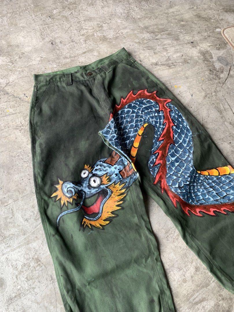 UPCYCLED WIDELEG PANTS (Category: Jeans) located in Bulacan. Submitted by afterlife___atelier (Listing ID 1454777953, Image 3). Description: UPCYCLED FROM CURTAIN HEAVY CANVAS CLOTH & HANDPAINTED BY US 1of1 piece Size:M Good for height:5’3-5’6 Condition:5/5 Material:HEAVY DUTY CANVAS CLOTH -Dimensions Waist:33 Length:38” Leg Opening:11” Crotch:13” 🚚Courier:J&T / Lalamove 💸Payment:Paymaya/Gcash 📍Location:Fairview QC Please see description and d