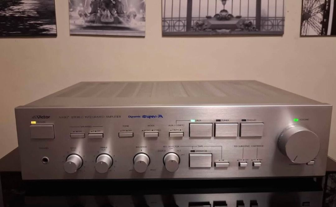 Vintage Victor model A-X110+ Stereo Integrated Amplifier (Category: Soundbars, Speakers & Amplifiers) located in Iloilo. Submitted by eulneversee (Listing ID 1454763268, Image 1). Description: Vintage Victor model A-X110+ Stereo Integrated Amplifier, identifiable by its silver faceplate and signature "Dynamic Super-A" branding.It was released in October Year 1982 in Japan and features a power output of 110 watts per channel.The unit operates on a