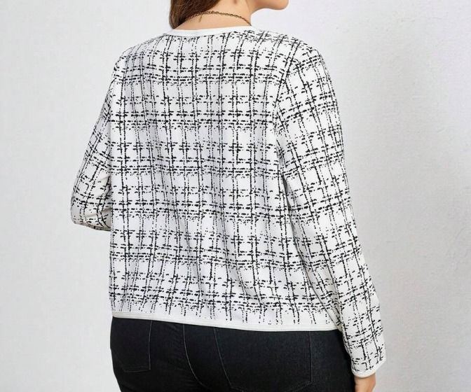 White and Black Plaid Open Front Jacket (Category: Coats, Jackets and Outerwear) located in Santa Cruz. Submitted by oddsandendsbitsandbobs (Listing ID 1454783101, Image 2). Description: RFS: Only used once for a speaking engagement. The original price was 316. - Chic white and black plaid jacket - Open front design with a clean neckline - Long sleeves - Ideal for a smart casual look - Comfortable and stylish.