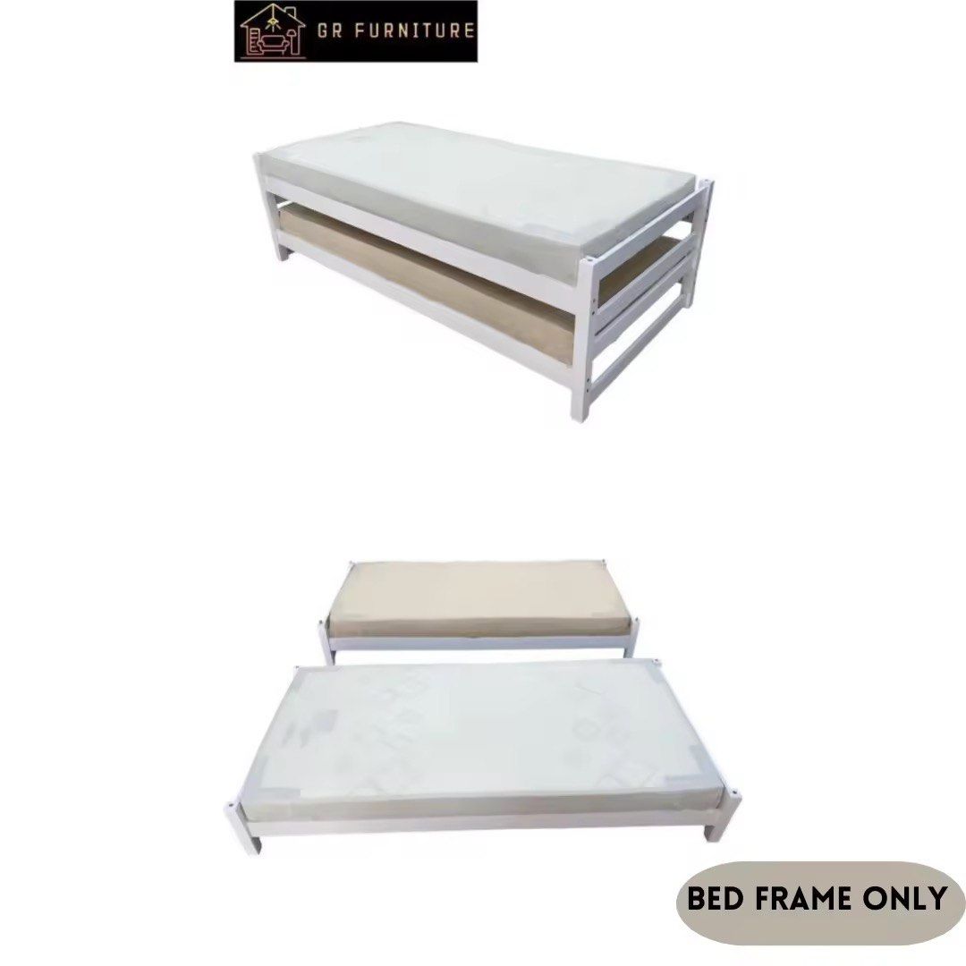 White Stackable Bed Frame - Single (Category: Bed Frames & Mattresses) located in Singapore. Submitted by ksacha30 (Listing ID 1454831726, Image 3). Description: - White GR Furniture stackable bed frame - Multi-functional: single bed, sofa bed, or queen bed when combined - Excellent for storage - Features solid wood slats - Easy to assemble and reconfigure - Perfect for small apartments or guest rooms - Matress not included - price inclusive of d