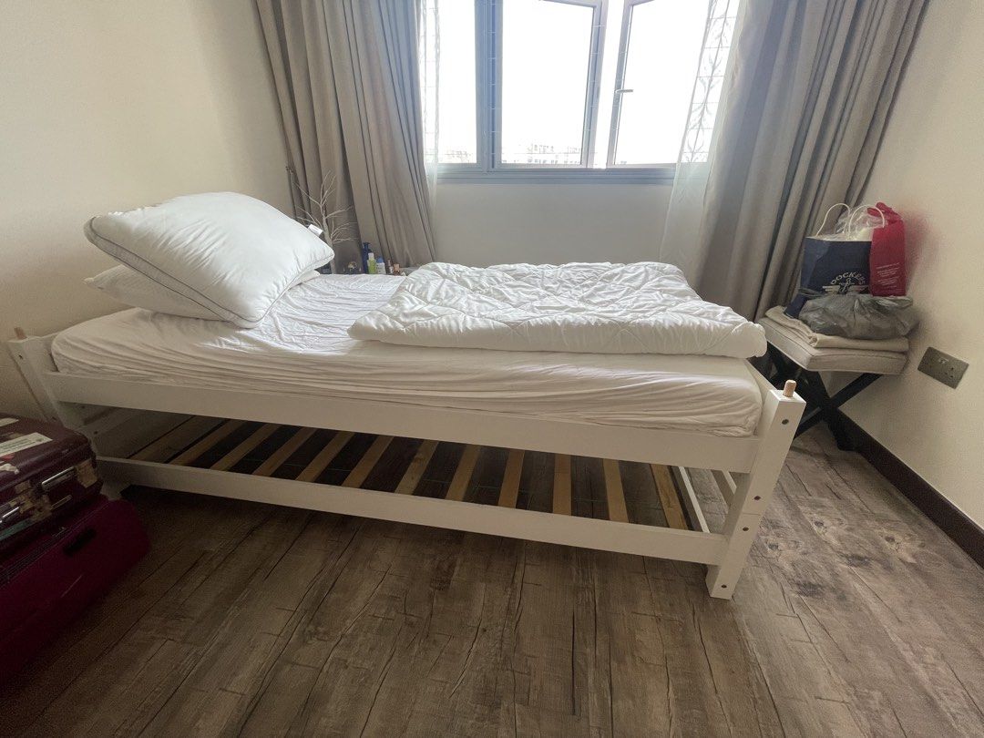 White Stackable Bed Frame - Single (Category: Bed Frames & Mattresses) located in Singapore. Submitted by ksacha30 (Listing ID 1454831726, Image 1). Description: - White GR Furniture stackable bed frame - Multi-functional: single bed, sofa bed, or queen bed when combined - Excellent for storage - Features solid wood slats - Easy to assemble and reconfigure - Perfect for small apartments or guest rooms - Matress not included - price inclusive of d