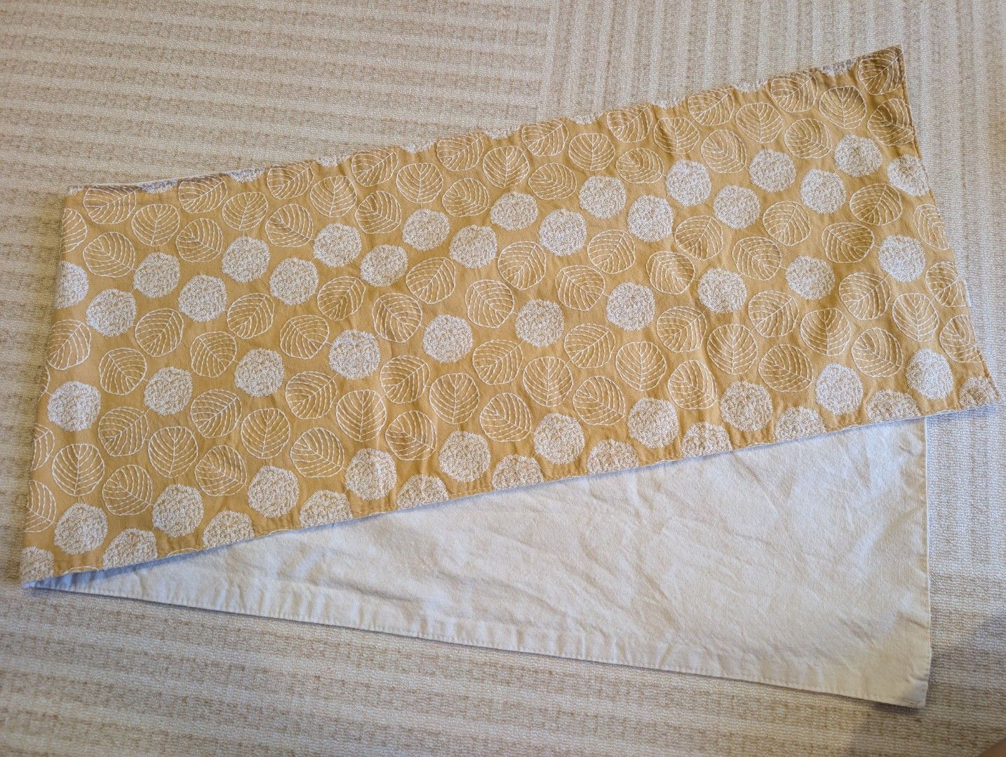 Yellow table runner with leaf pattern (Category: Table Linen & Textiles) located in Singapore. Submitted by theearlybird (Listing ID 1454863474, Image 1). Description: Yellow table runner with nice leaf pattern. About 130*30cm. Pick up from Depot Rd only..