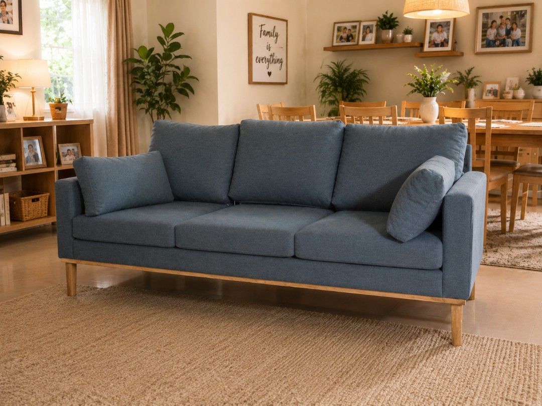 3 - SEATER SOFA (Category: Sofas) located in Valenzuela. Submitted by jesspesongco (Listing ID 1454971151, Image 1). Description: 3 - SEATER SOFA BRAND: NEWLY REFURBISHED SIZE: L:202 W:82 H:39 PRICE: 18,500 - Lovely blue fabric - Comfortable three-seater sofa - Sturdy wooden frame and legs - Perfect for living rooms or lounges - Includes two matching throw pillows Location OFFICEBUSTERS Balintawak Look for Hesus / 09616904709.