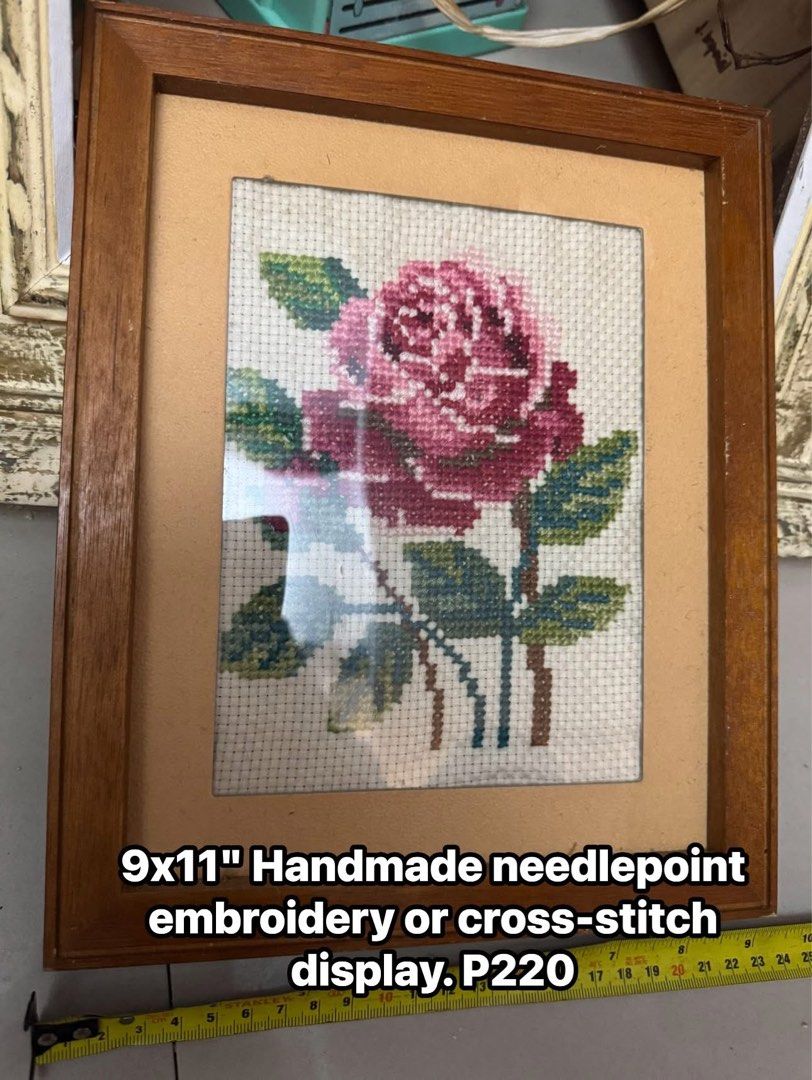9x11" Handmade Needlepoint Rose Embroidery Framed Display (Category: Frames & Pictures) located in Cainta. Submitted by elainelawenko (Listing ID 1454970492, Image 1). Description: - Handmade framed needlepoint or cross-stitch art - Features a beautiful pink rose with green leaves - Sturdy wood frame - Dimensions: 9x11 inches - Ideal for adding a touch of elegance to your home decor.