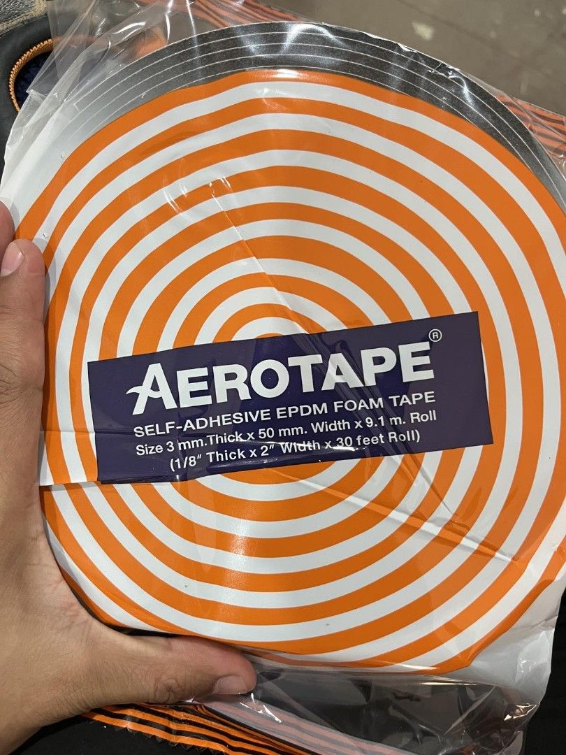 AEROTAPE Self-Adhesive EPDM Foam Tape (Category: Bedding & Towels) located in Manila. Submitted by joanrevell51580 (Listing ID 1455016809, Image 1). Description: - AEROTAPE Self-Adhesive EPDM Foam Tape - Size: 3mm thick x 50mm wide x 9.1m long - Also measures: 1/8" thick x 2" wide x 30 feet - Ideal for sealing gaps and providing cushioning - Easy to apply with strong adhesive backing.