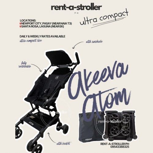 Akeeva Atom Ultra Compact Stroller for Rent (Category: Strollers) located in Santa Rosa. Submitted by mgutierrezs (Listing ID 1455133633, Image 1). Description: FB page: Rent-a-Stroller PH Locations: 📍Newport City, Pasay (near NAIA Terminal 3) 📍Santa Rosa, Laguna (near Enchanted Kingdom) Akeeva Atom ✨Thoroughly cleaned and sanitized every after use ✨ Every stroller comes with its own travel bag Also Available: GB Pockit, GB Pockit+, Akeeva Mini