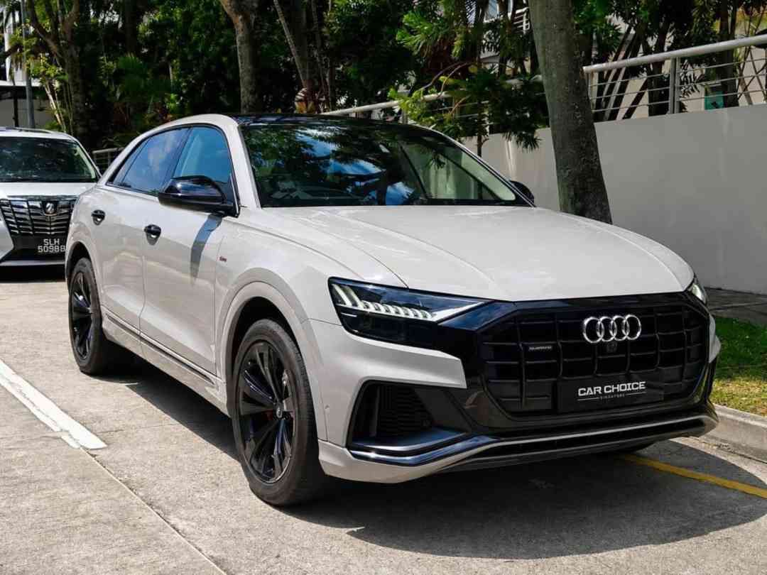 AUDI Q8 3.0 TFSI QU TIP (Category: Used Cars) located in Singapore. Submitted by sgcarchoicewc (Listing ID 1455006992, Image 2). Description: Monthly from $2.7k! Nardo Grey Wrap on Navarra Blue Metallic with Brown Cedar interior. Full Servicing done with Premium Auto, major parts replaced with original upon 5 years of age to have an ease of mind. 100% accident free. Additional transfer count due to family member. New tyres, new compressor, new al