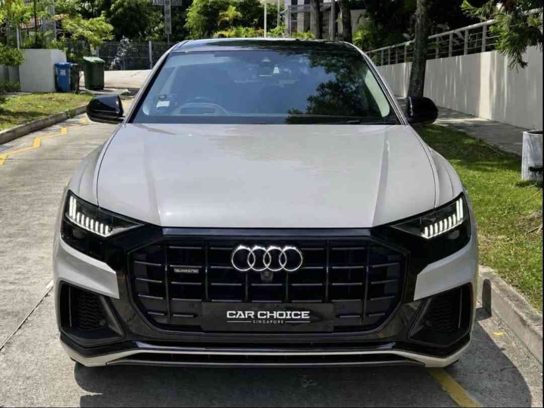 AUDI Q8 3.0 TFSI QU TIP (Category: Used Cars) located in Singapore. Submitted by sgcarchoicewc (Listing ID 1455006992, Image 1). Description: Monthly from $2.7k! Nardo Grey Wrap on Navarra Blue Metallic with Brown Cedar interior. Full Servicing done with Premium Auto, major parts replaced with original upon 5 years of age to have an ease of mind. 100% accident free. Additional transfer count due to family member. New tyres, new compressor, new al