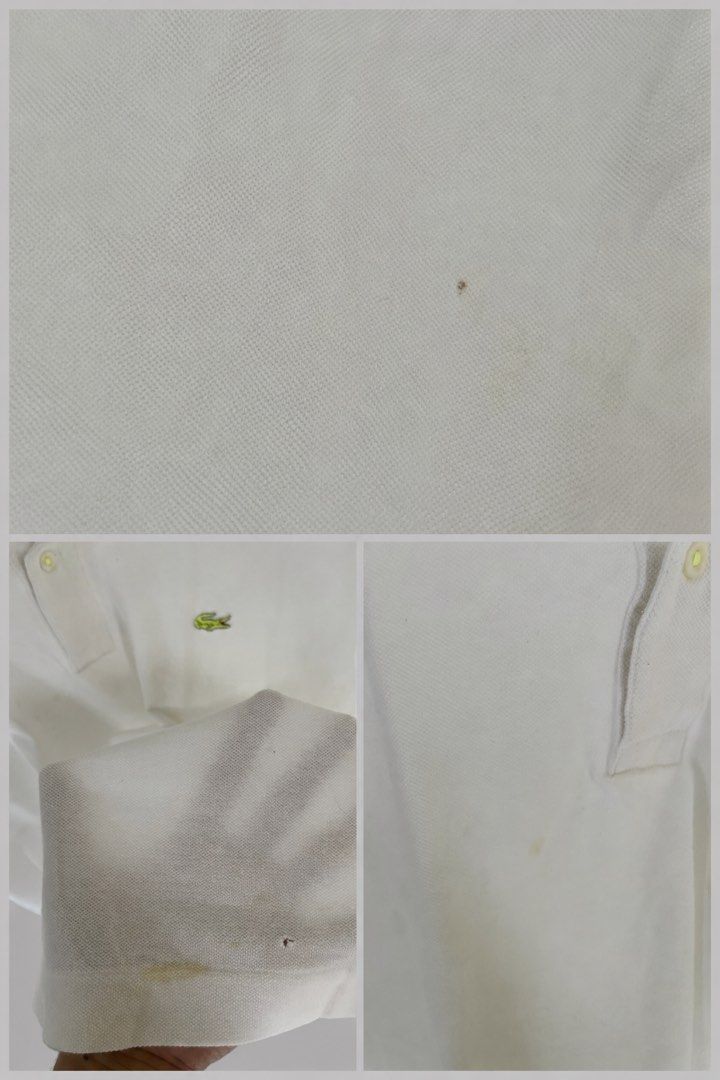 Authentic Lacoste Polo Shirt (White) (Category: Tshirts & Polo Shirts ) located in Manila. Submitted by socalkid (Listing ID 1455018453, Image 3). Description: Authentic Lacoste Polo Shirt (White) Eye-catching neon green trim on collar. Signature small green crocodile logo on chest Size: 8 on tag (fits XL) 24 x 26.5 ✅ Issues: marks, pinholes and a faint stain on the front (see pics) 🇺🇸 Bought in the US 💵 Price slightly negotiable 🛵 On-hand | 