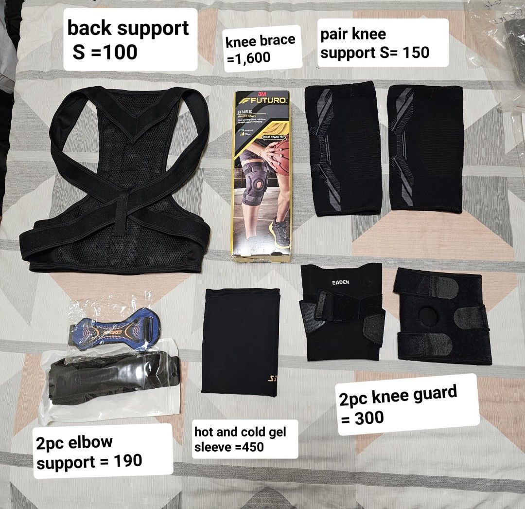 Back support, elbow strap, kneew brace (Category: Braces, Support & Protection) located in Manila. Submitted by chocomoose (Listing ID 1455056753, Image 1). Description: prices in photo.