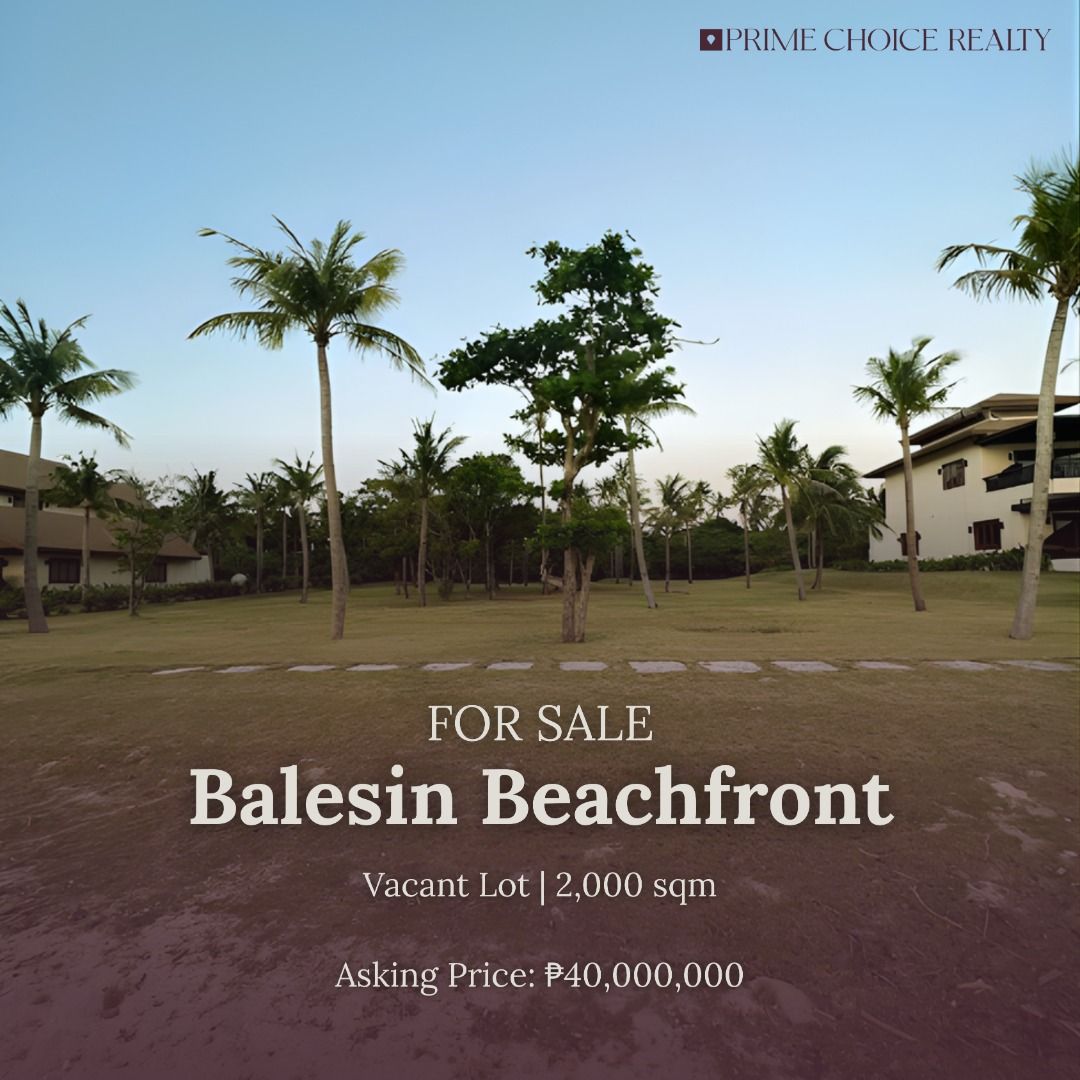 Balesin Beachfront Vacant Lot (Category: Lot) located in Quezon City. Submitted by primechoicerealtyinc (Listing ID 1454977355, Image 1). Description: FOR SALE: Balesin Beachfront Vacant Lot 📍 Balesin Island Prime beachfront property — perfect for a private retreat or investment. Property Details: • Lot Area: 2,000 sqm • Beachfront Lot • Vacant Lot • Ideal for a private resort, vacation home, or investment Asking Price: ₱40,000,000 or ₱20,000/sq