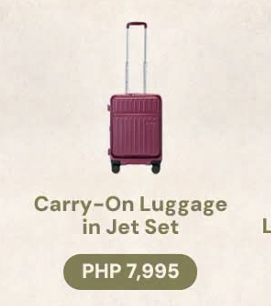 Bash* Carry on and Trunk Luggage in Jet Set color (Category: Luggage) located in Quezon City. Submitted by sureandlegit (Listing ID 1455096253, Image 2). Description: For Sale BASH* Carry On and Trunk Luggage in Jetset limited edition color Part of expedition series (limited color) Carry on - 8,800 (2pcs)- SOLD Trunk checked in size - 9,700 (1pc) Brand new Available onhand Carry on luggage Perfect for overhead bin Silent 360 degrees wheels Front 