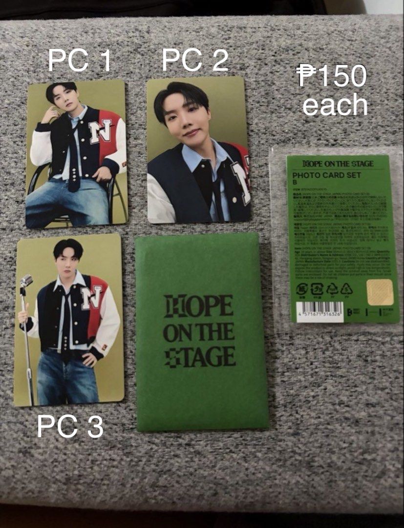BTS Hope on the stage PC (Category: K-Wave Merchandise) located in Paranaque City. Submitted by riceywicey (Listing ID 1453299835, Image 1). Description: -Official merch -Guwapo 😭 -₱150 per photocard PC 1 - Available PC 2 - SOLD PC 3 -Available.
