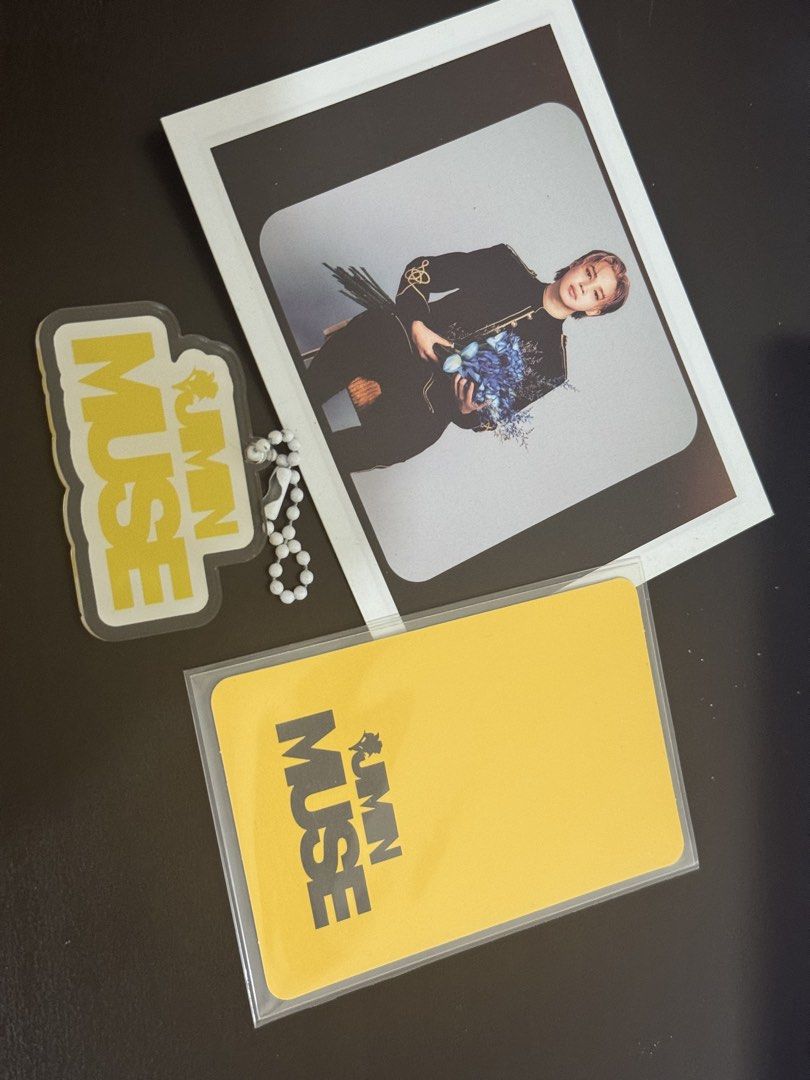 BTS Jimin Muse Photocards and Keychain Set (Category: K-Wave Merchandise) located in Pasig City. Submitted by kizay (Listing ID 1455080006, Image 2). Description: BTS Jimin Muse album extras including: photocard muse keychain photo.