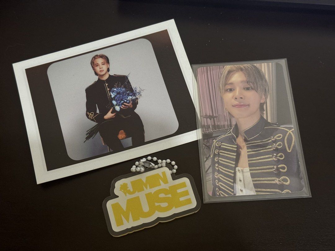 BTS Jimin Muse Photocards and Keychain Set (Category: K-Wave Merchandise) located in Pasig City. Submitted by kizay (Listing ID 1455080006, Image 1). Description: BTS Jimin Muse album extras including: photocard muse keychain photo.
