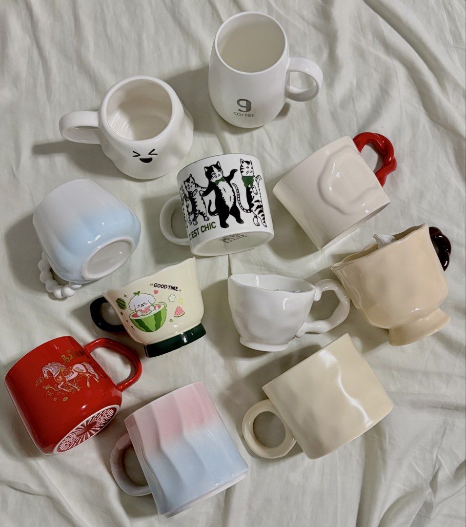 Bundle: Ceramic Mugs 11 pcs (Category: Coffee & Tea Tableware) located in Narvacan. Submitted by x.jxyce (Listing ID 1455053307, Image 1). Description: for take all: ₱750 for 11 pcs ~with column wrap and box location: ilocos shipping through j&t express.