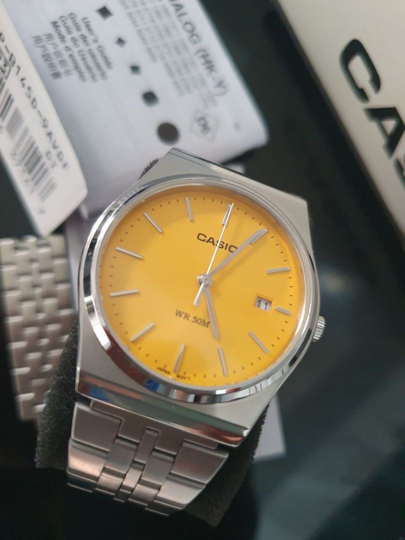 Casio MTP-B145D-9AVDF Watch - Yellow Dial (Category: Men's Watches) located in Makati City. Submitted by skyioh (Listing ID 1455046215, Image 1). Description: - Casio MTP-B145D-9AVDF Watch 35mm - Yellow Dial - No Scratches or Dent..Impulse buy - Water Resistant (50 Meters) - Durable Stainless Steel Band - Comes with Original Box - Includes Extra Links Meet up Makati Belair. Makati Central Square Gcash.