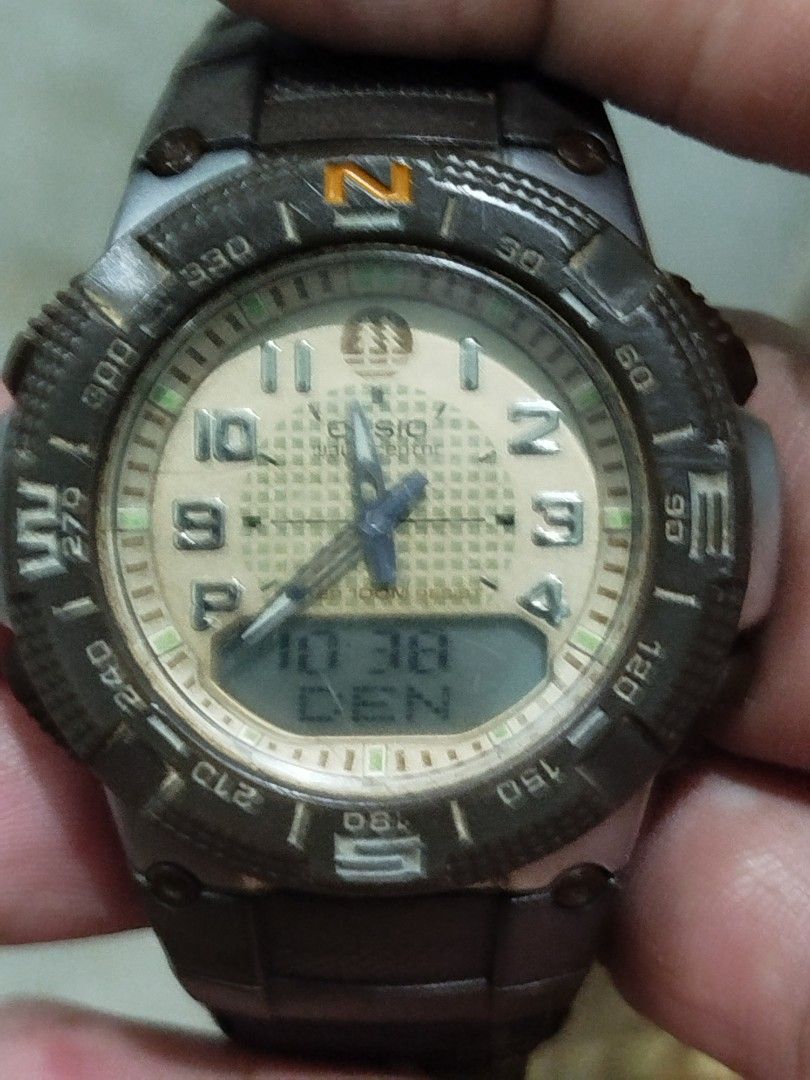 Casio Wave Ceptor Illuminator World Time Watch (Category: Men's Watches) located in Subic. Submitted by regiedaniel01 (Listing ID 1455024677, Image 1). Description: - Casio Wave Ceptor Watch - Dual Analog & Digital Display - Illuminator Function - World Time & Time Stamp Features - Compass Markings on Bezel - Stainless Steel Back - Water Resistant (10 Bar) - Japan Movement - Fabric Strap (shows some wear) - issue need repair para ma synchronize a