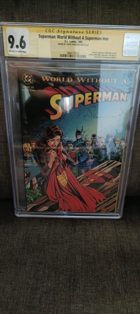 CGC Slab DC Comics World Without Superman NN (1993) (Category: Comics & Manga) located in Manila. Submitted by theyellowsun (Listing ID 1455054841, Image 1). Description: CGC **Slab** DC Comics World Without Superman NN 1993 tpb signed by: Louise Simonson She co-wrote the industry-shifting storylines, including "The Death of Superman," "Funeral for a Friend," and "Reign of the Supermen." Before transitioning heavily to DC in the early '90s, she w