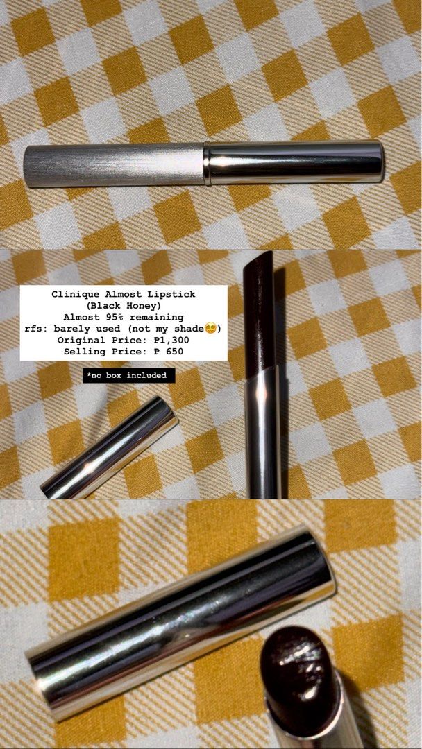 Clinique Almost Lipstick Black Honey (Category: Makeup) located in Carmona. Submitted by aady.22 (Listing ID 1455062693, Image 1). Description: - 🧺 DECLUTTERING SALE! 🧺 💳 Mode of Payment: GCash 📦 Mode of Delivery: LBC / Lalamove 🚚 Shipping/Delivery fee: Shoulder by the buyer.
