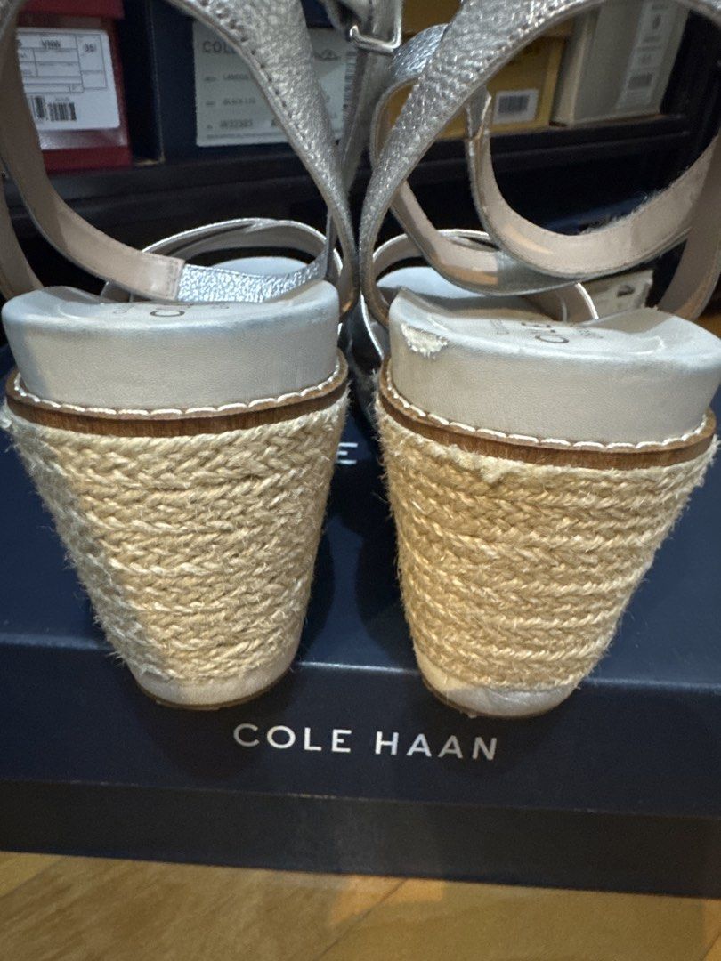 Cole Haan Cloud Espadrille Wedge Sandals Silver Size 6 (Category: Flats & Sandals) located in Taguig. Submitted by annapuno (Listing ID 1454953132, Image 3). Description: - Cole Haan Espadrille Wedge Sandals - Color: Silver - Size: 6 - Features: Comfortable Cloudfeel cushion - Condition: Minor scuffs on inner sole, slight wear on espadrille material - Notes: Still lots of life left in these comfy wedges Shipping Fee for buyer’s expense .