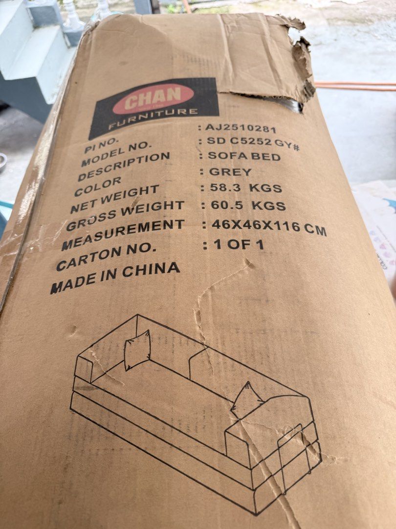 Compressed Sofa Bed (Category: Sofas) located in Kota Kinabalu. Submitted by ctlexandra (Listing ID 1454953829, Image 3). Description: Brand new still compressed in the box. Gray color. Self pick-up. Reason to let go, moving plan has changed..
